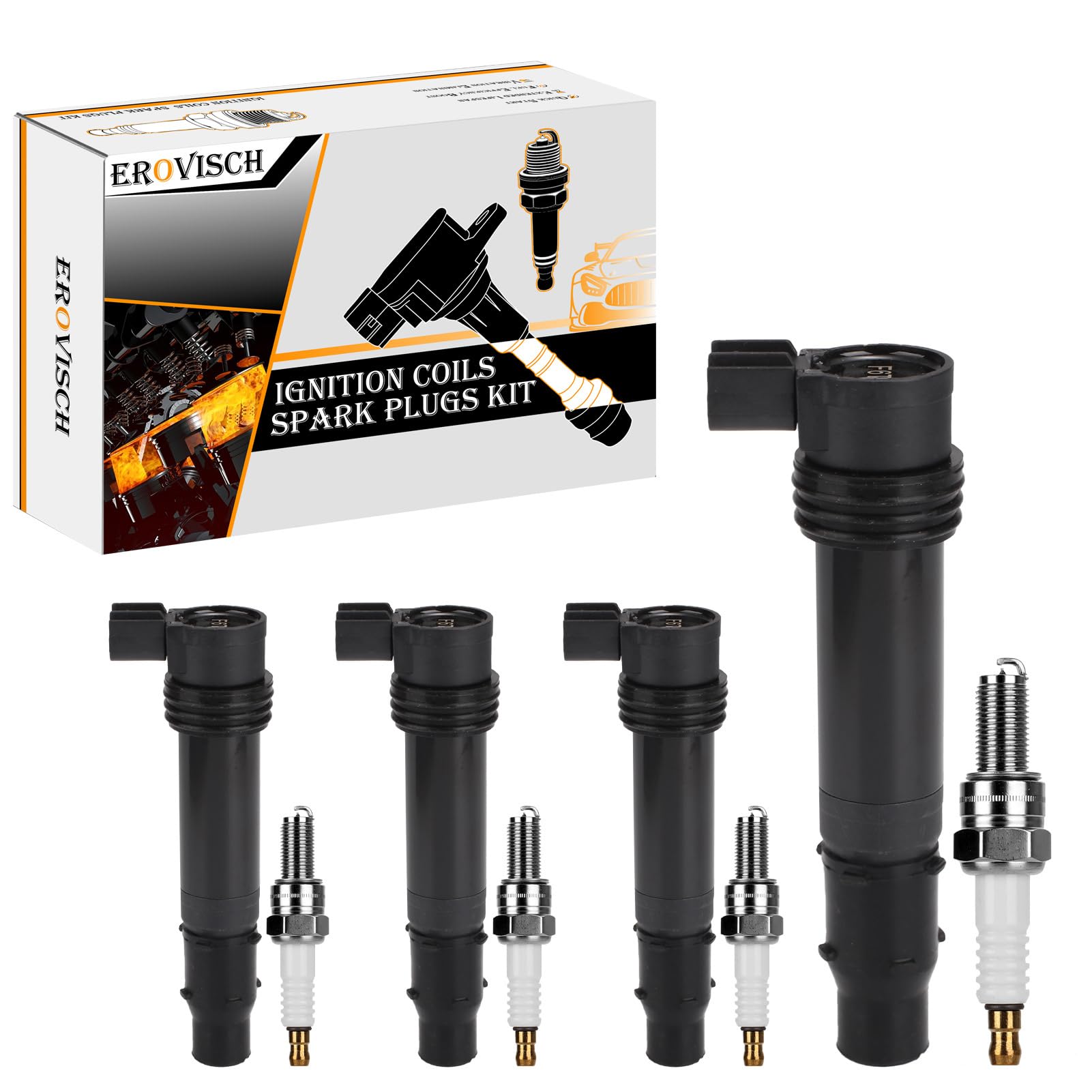 Pack 4 F6T570 OEM Ignition Coil & Spark Plug - Compatible with